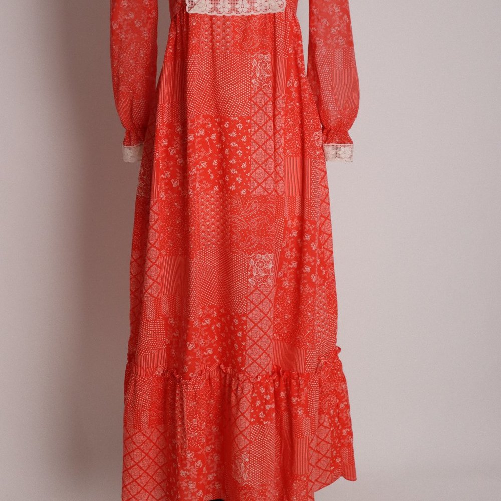 Vintage Red Prairie Boho Calico Cottage Core Floral Lace Dress Hippie Peasant XS - Picture 3 of 10